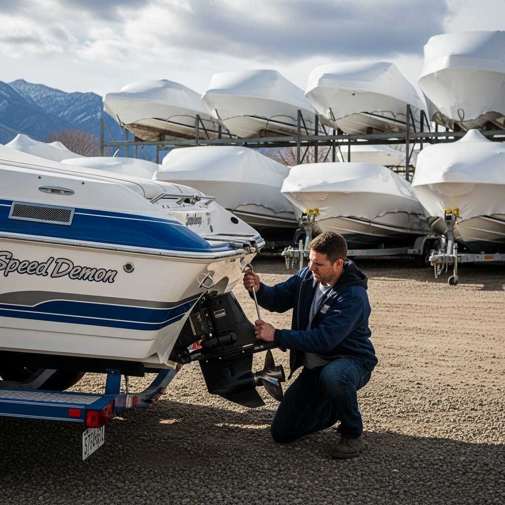 Boat technician inspecting the outboard motor of a blue and white boat in a storage lot in South Jordan, Utah, with shrink-wrapped boats and mountains in the background.