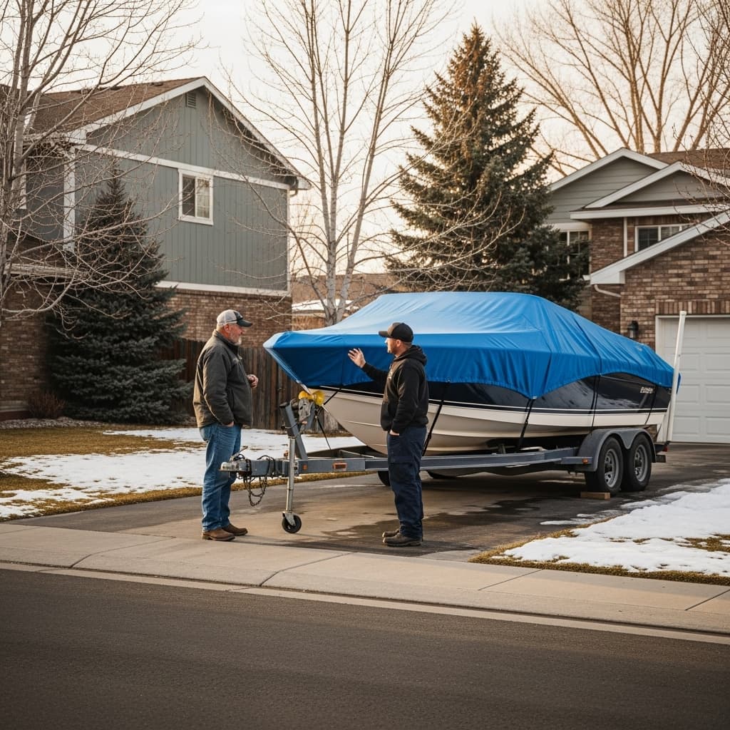 Boat owner and mobile service technician talking beside a blue-covered boat on a trailer in a suburban Utah driveway with light snow on the ground.