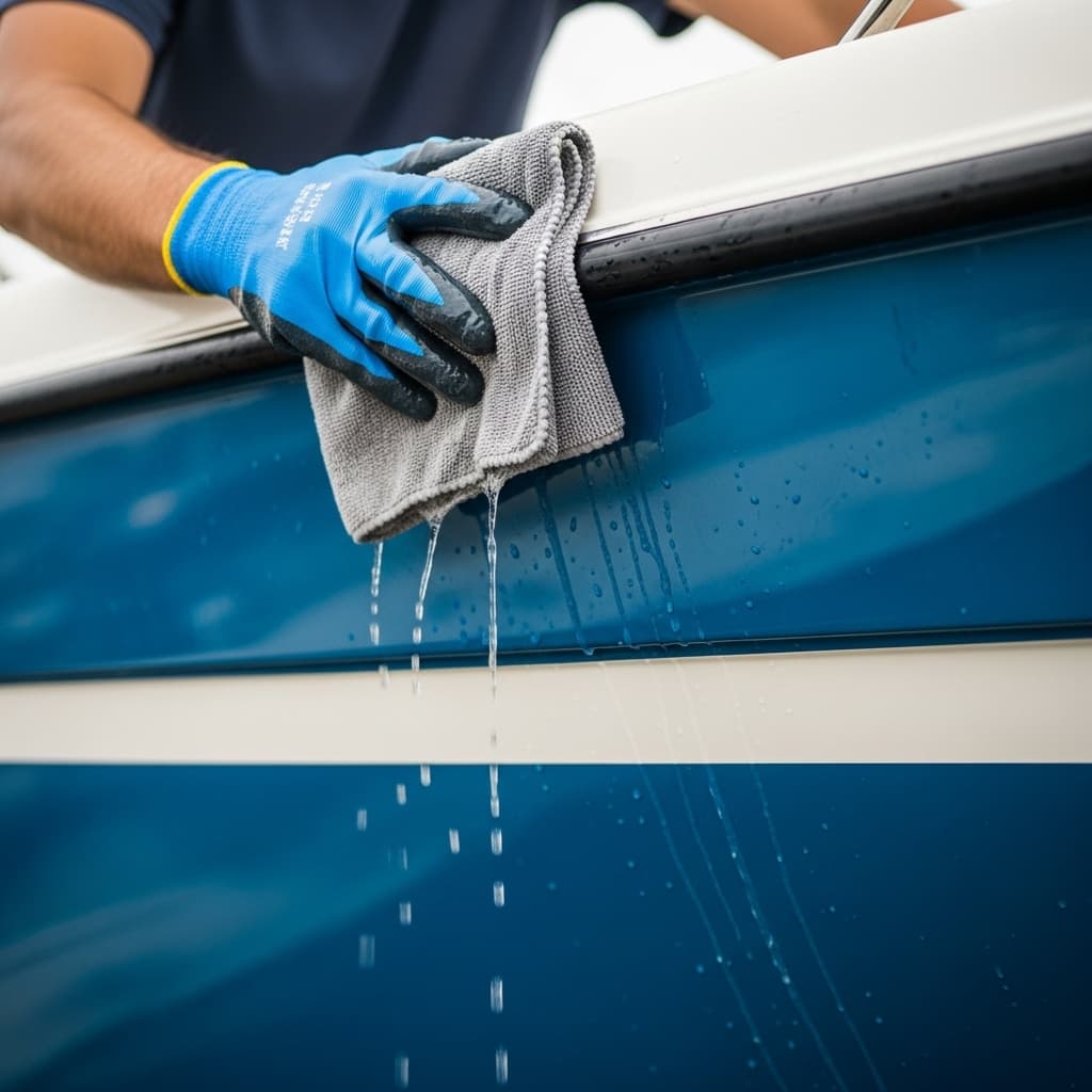 Close-up of a person wearing blue gloves wiping down the side of a blue and white boat with a wet microfiber cloth, water dripping down the hull.