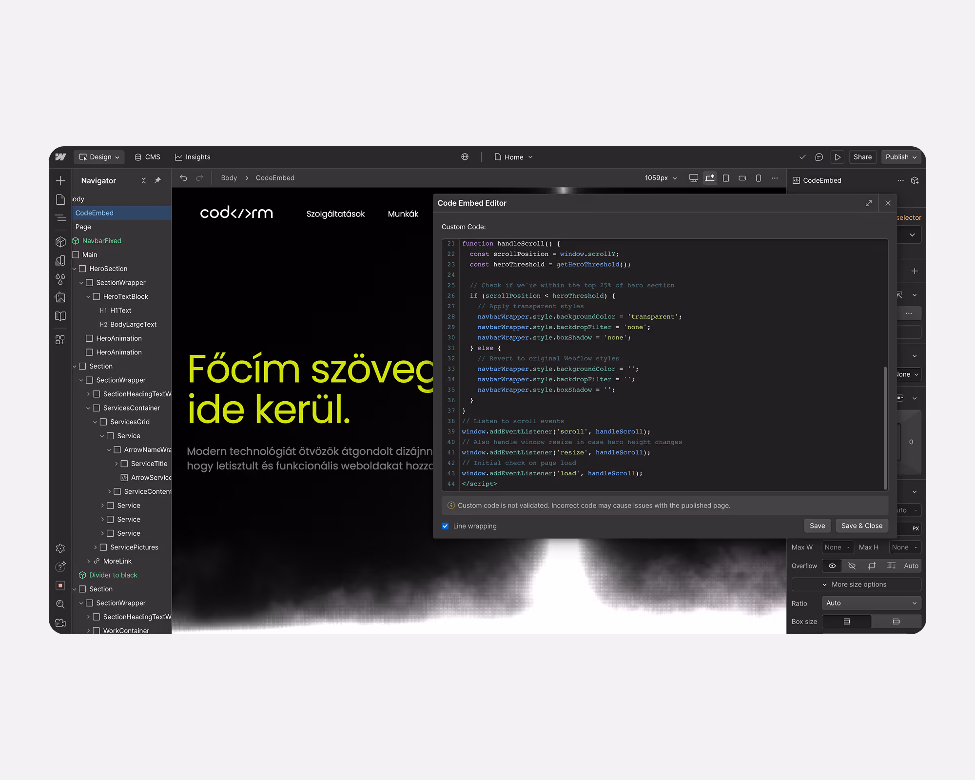 Képernyőfotó egy weboldalról fejlesztés alatt