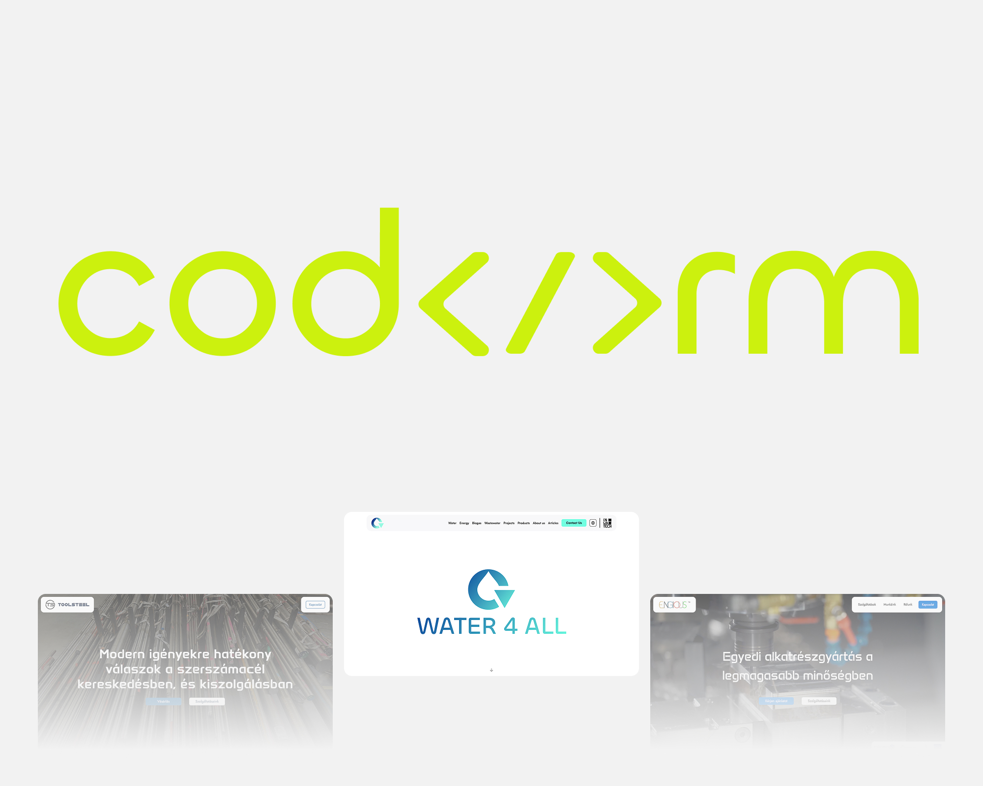 Codeform logó és képernyőfotók három weboldalról