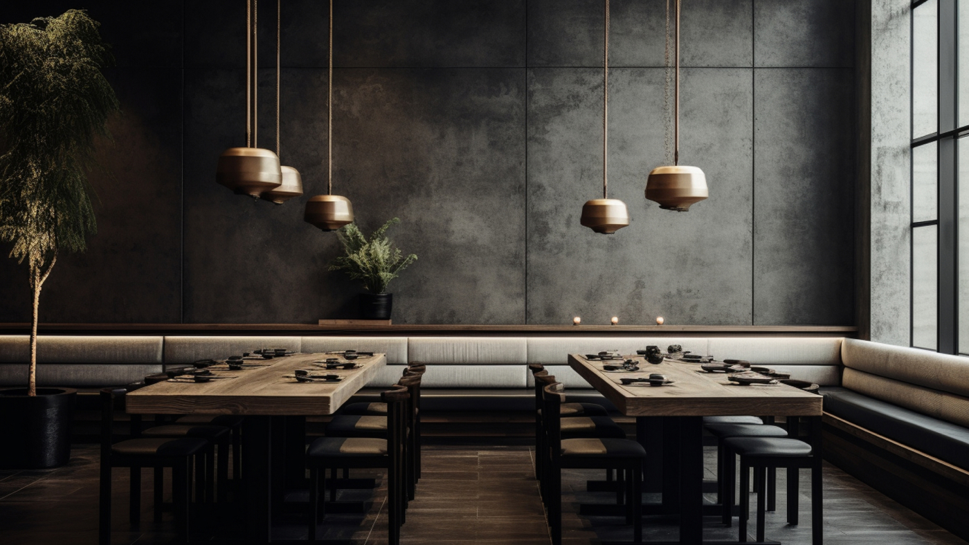 Dining area in Nijo restaurant with wooden tables, modern lighting, and a minimalist aesthetic.