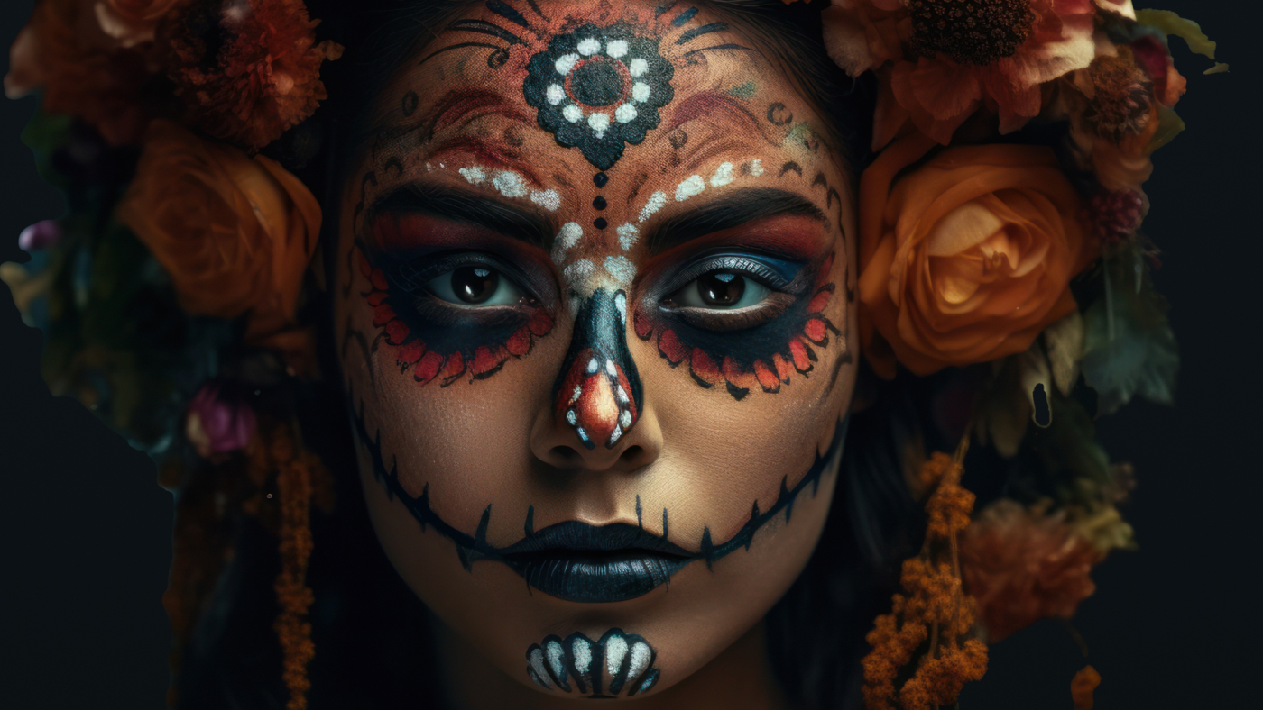 Close-up portrait of a woman with elaborate Day of the Dead face paint and floral headdress, capturing the essence of Mexican culture.