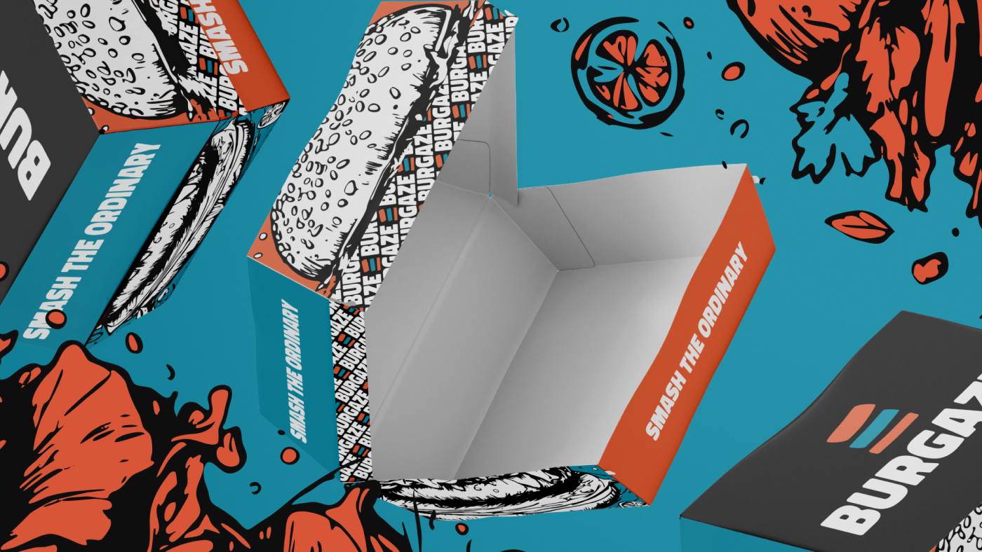Open Burgaze burger box with 'Smash the Ordinary' slogan, displaying the interior packaging design and vibrant illustrated ingredients.