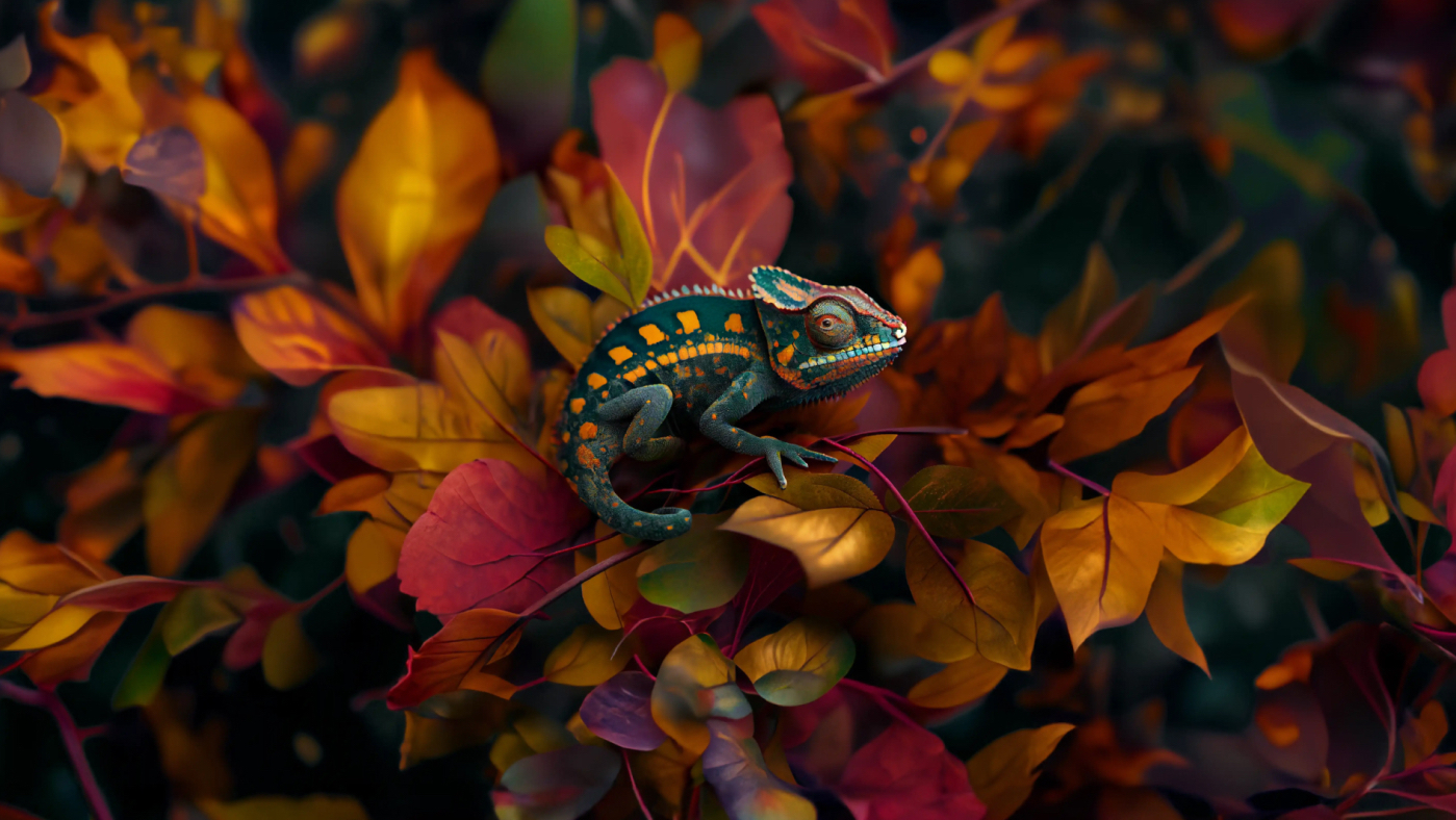Close-up of a chameleon on colorful autumn leaves, representing the visual theme of Appleads Agency.