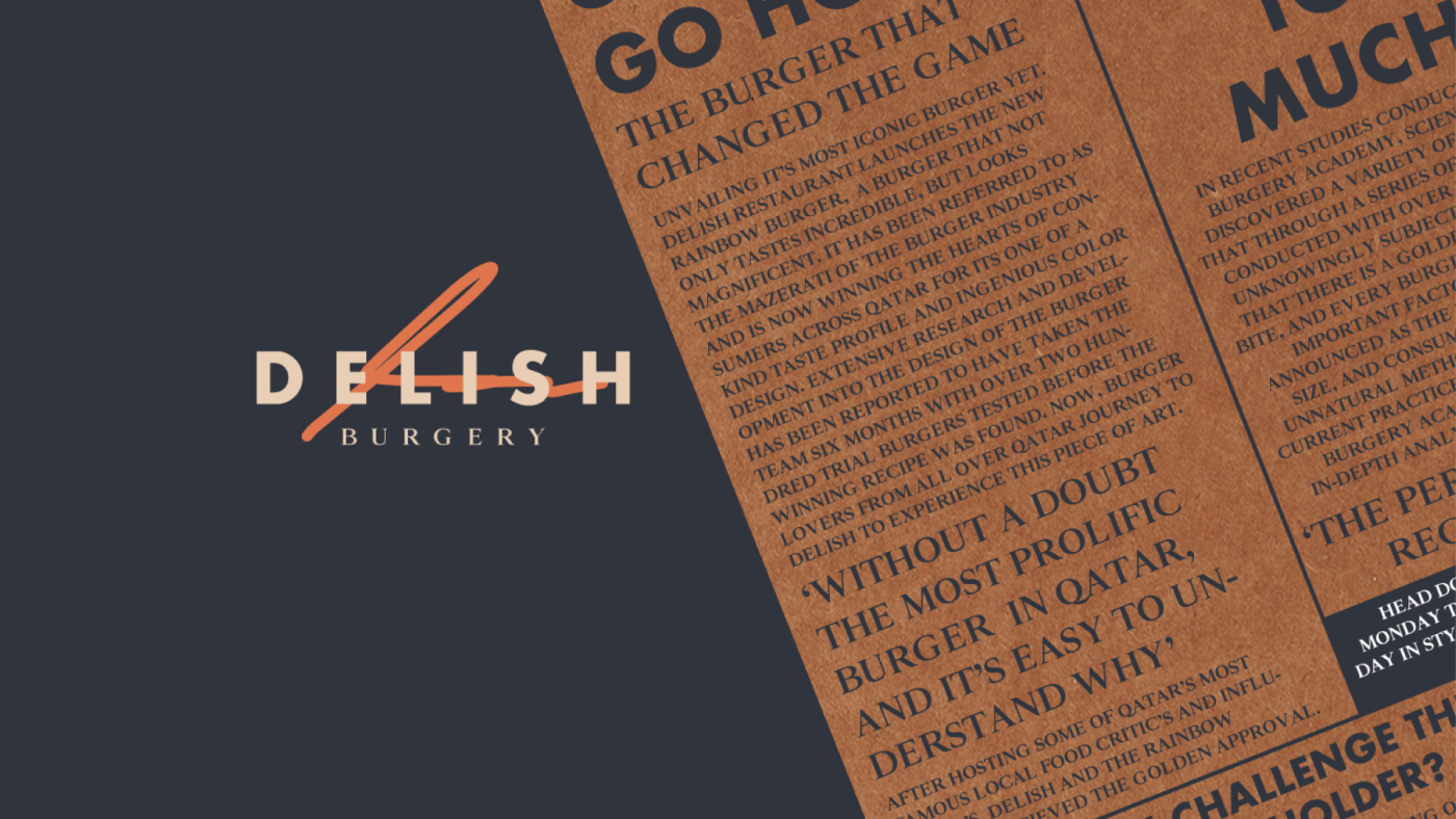 Close up of Delish Burgery Logo with newspaper design in the background