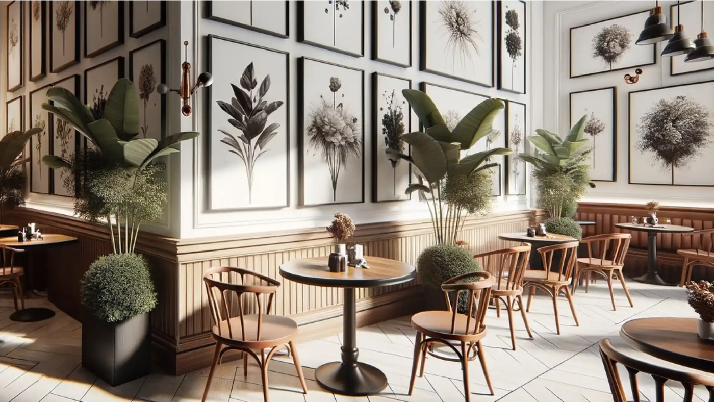 A cozy seating area in Intimità restaurant with wooden furniture and botanical art.