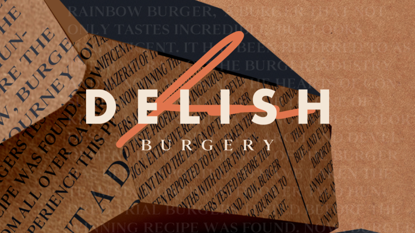 Logo of "Delish Burgery" with stylized text overlaying a background of abstract shapes and newspaper clippings.