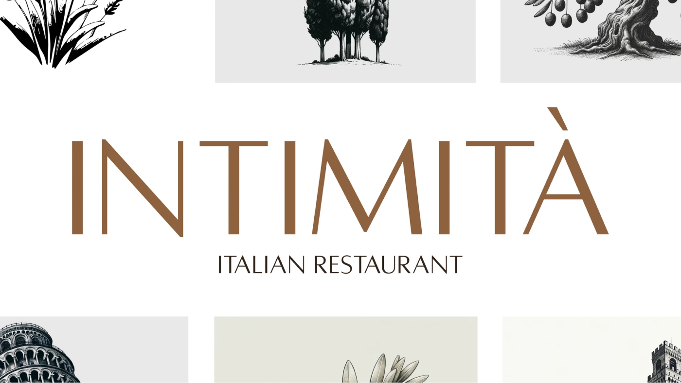 The Intimità restaurant logo with botanical illustrations in the background.
