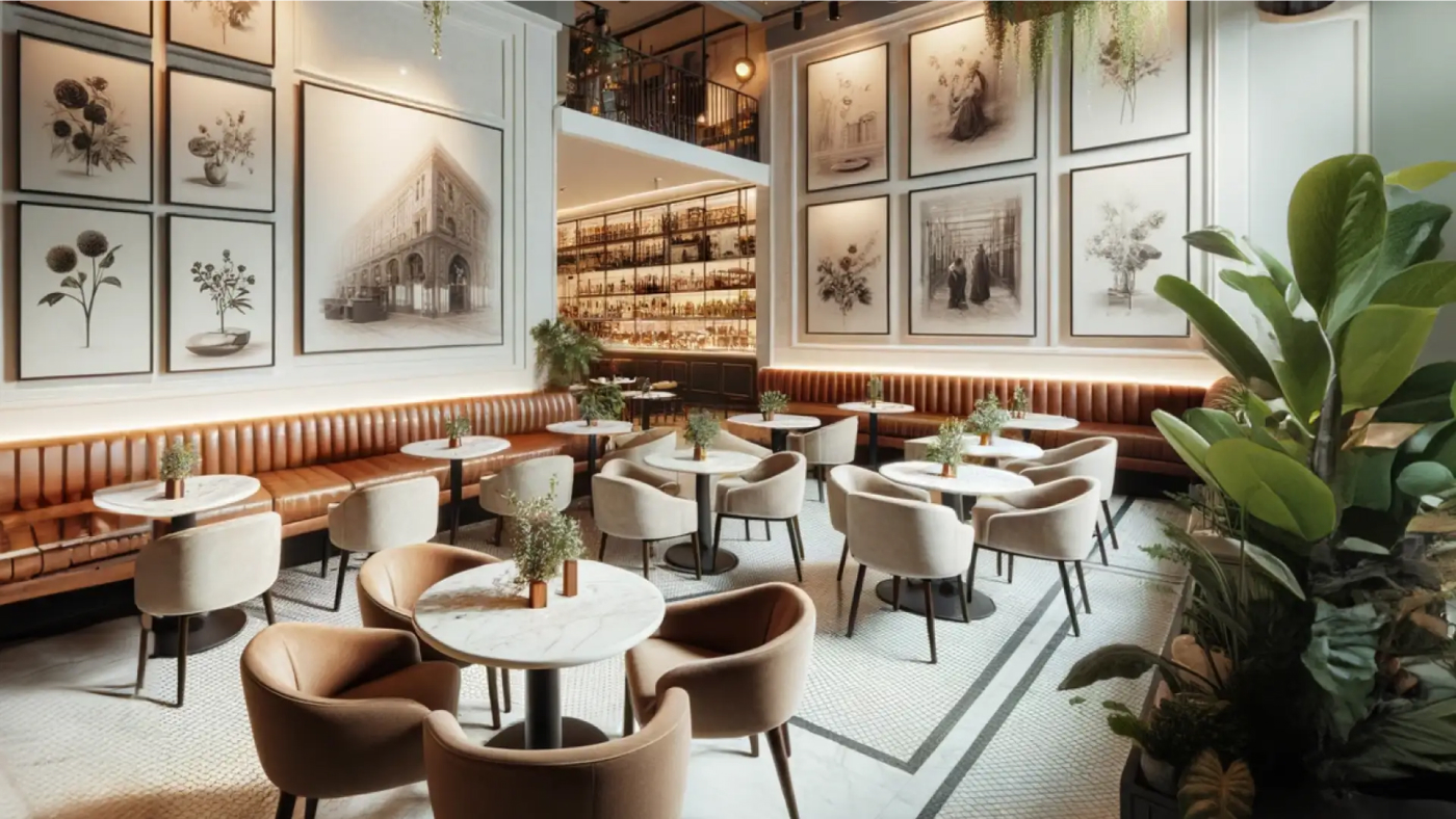 The interior of Intimità restaurant with elegant seating and framed art on the walls.