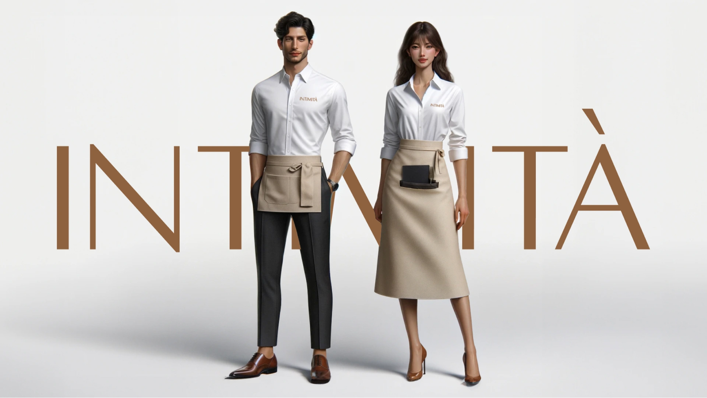 Intimità staff uniforms featuring stylish aprons and shirts with the restaurant logo.