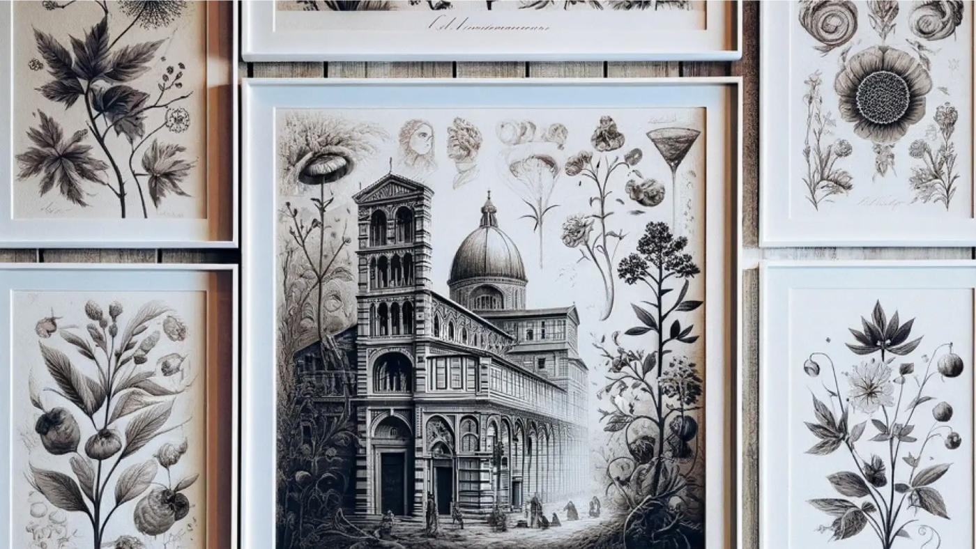 Detailed art prints of Italian architecture and botanical illustrations displayed on a wall.