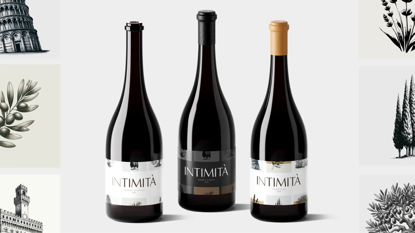 Three bottles of Intimità wine with elegant labels featuring Italian architecture and botanical illustrations.
