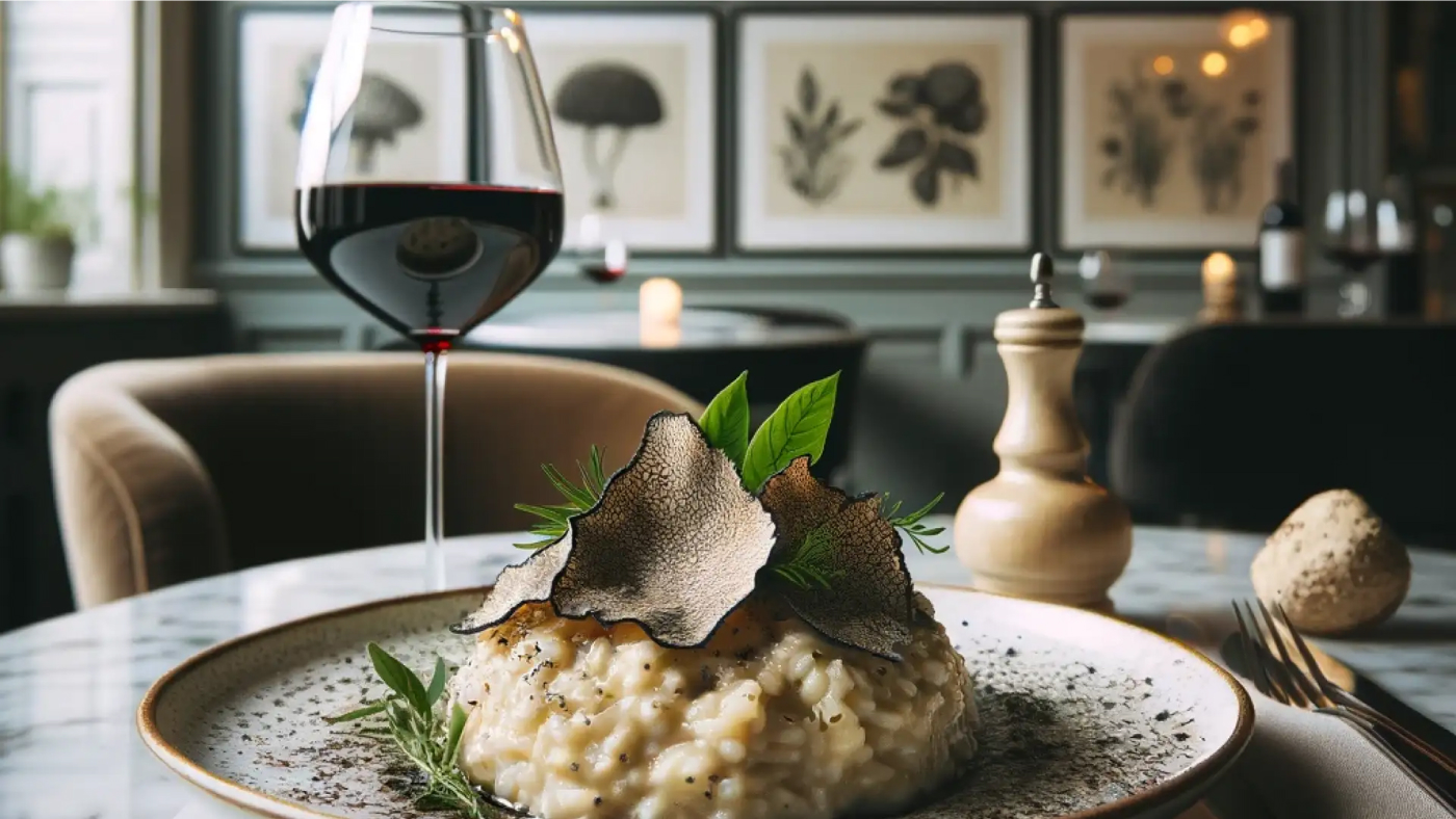 A gourmet dish garnished with truffle slices paired with a glass of red wine on a beautifully set table.