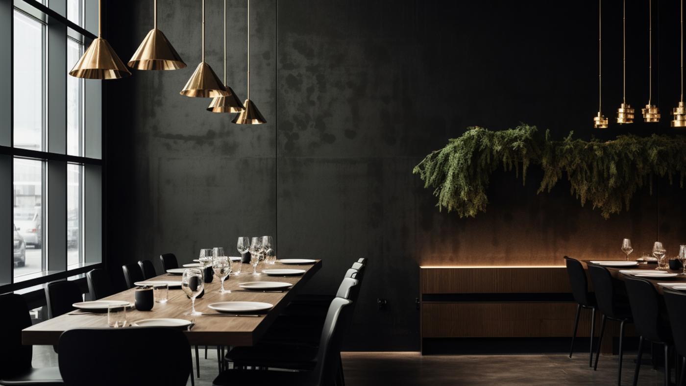 Interior of Nijo restaurant with a modern design, featuring dark tones, green plants, and sleek furniture.