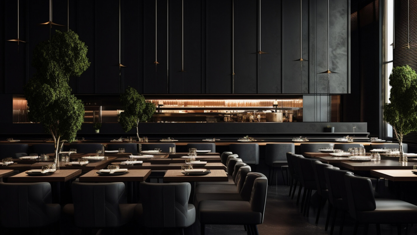 Elegant dining area in Nijo restaurant with a large wooden table, modern lighting, and greenery decor.