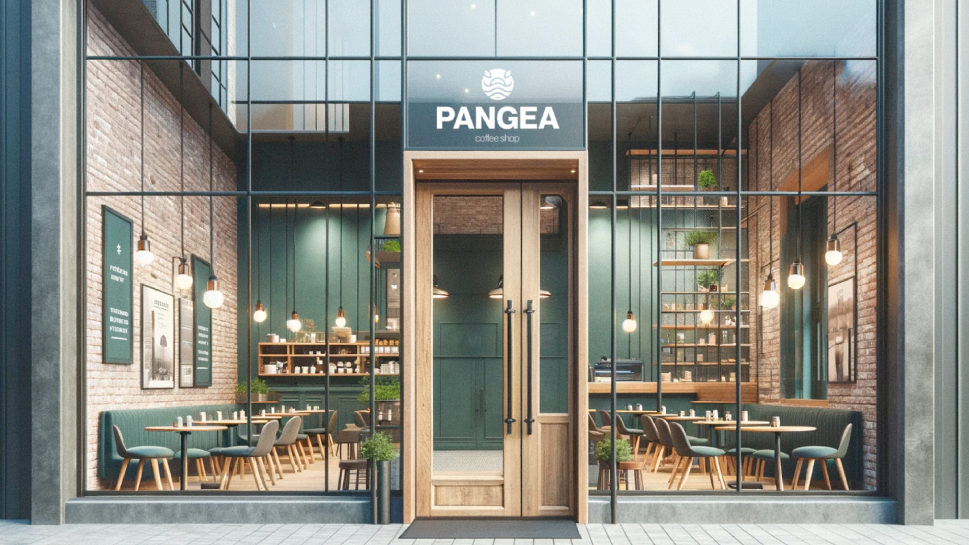 Exterior view of Pangea Coffee Shop with large glass windows and wooden doors, showcasing the modern interior.