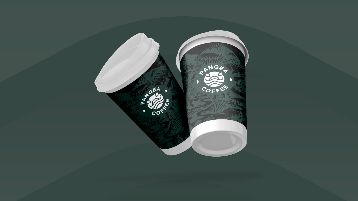 Two Pangea Coffee branded takeaway cups with a dark green design and the logo prominently displayed.