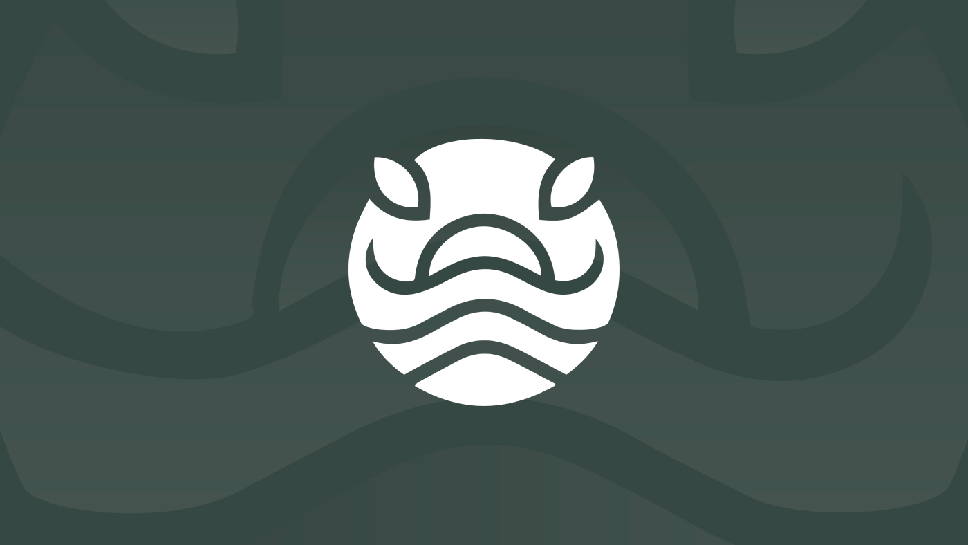 Logo of Pangea Coffee Shop featuring a stylized, symmetrical design of a face with waves on a dark green background.