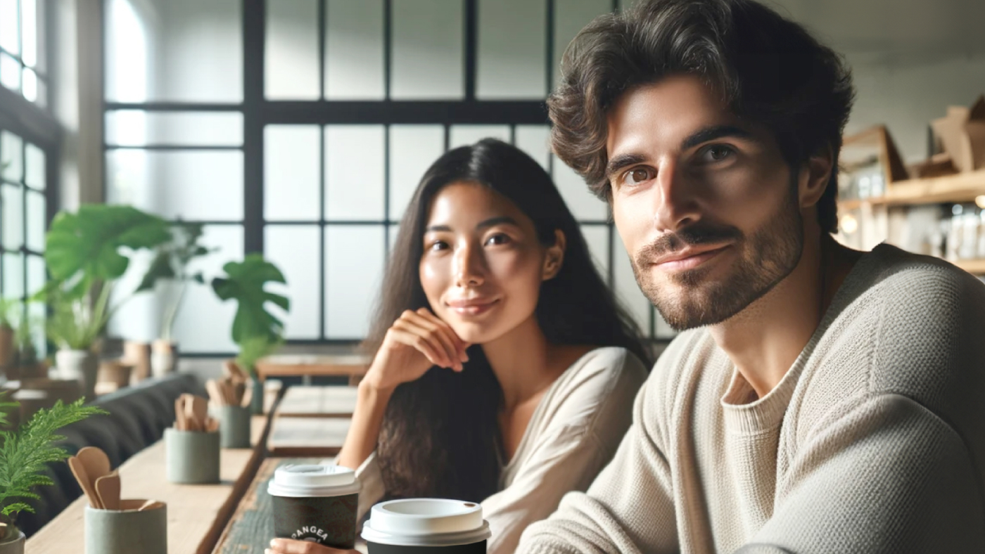 A man and woman enjoying coffee inside Pangea Coffee Shop with large windows and a bright, cozy atmosphere.
