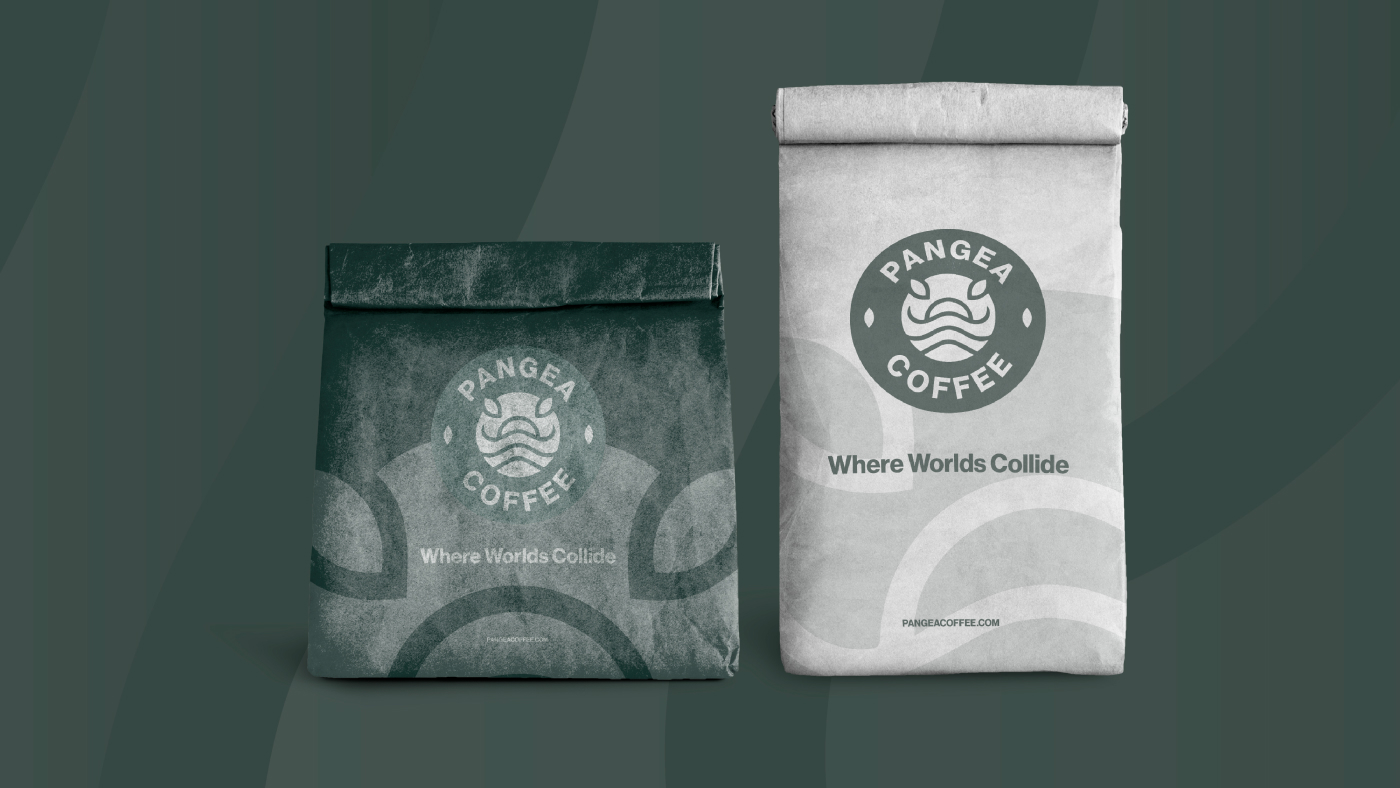 Pangea Coffee branded coffee bags with the slogan 'Where Worlds Collide' on a dark green background.