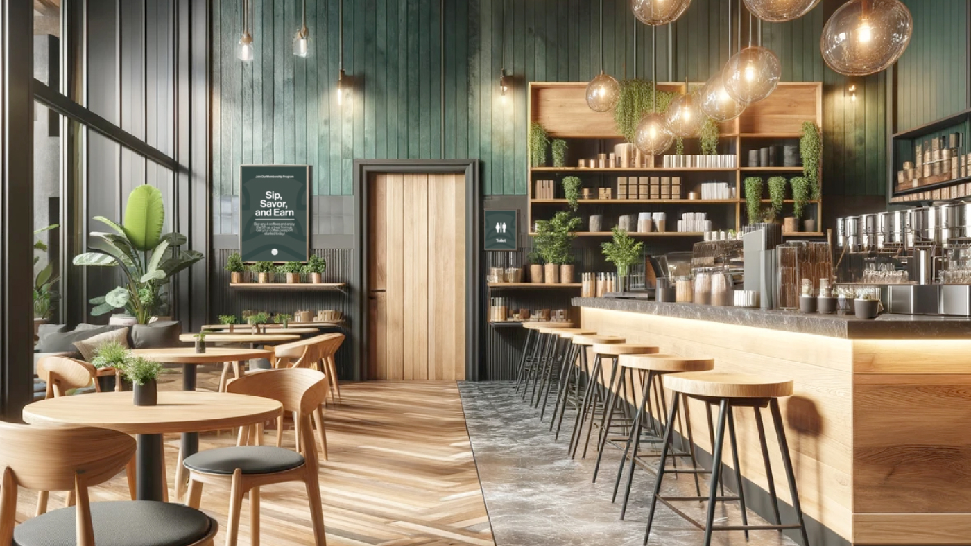 Interior view of Pangea Coffee Shop with wooden furniture, green walls, and hanging lights, creating a warm and inviting atmosphere.