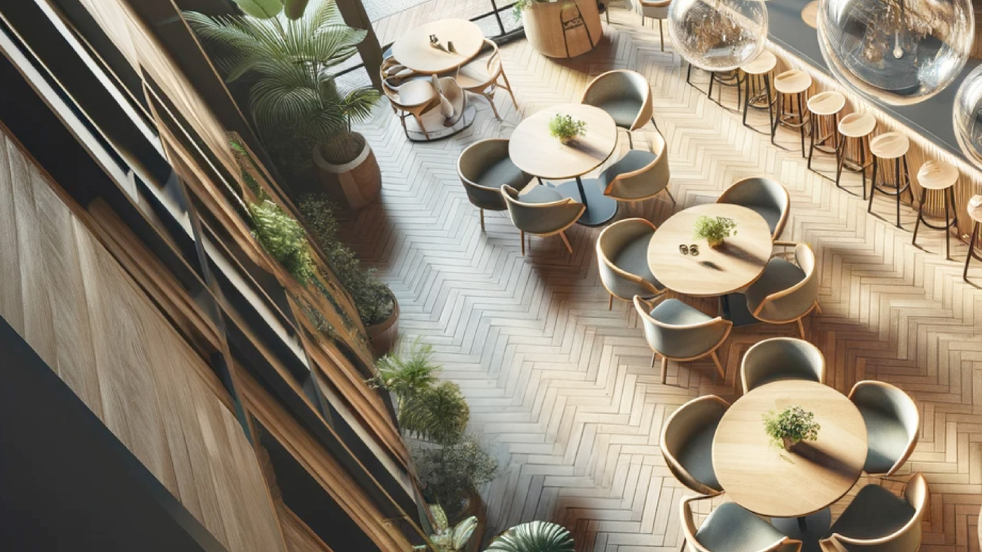 Overhead view of Pangea Coffee Shop interior with round wooden tables, green chairs, and plants, showcasing a modern design.