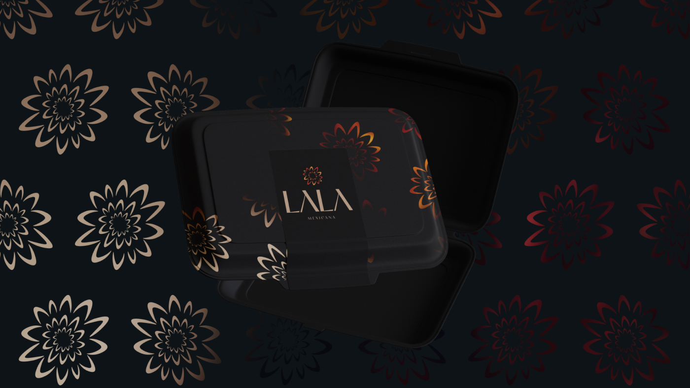 Packaging design for Lala Mexicana with a floral pattern on a dark background and the Lala logo prominently displayed.