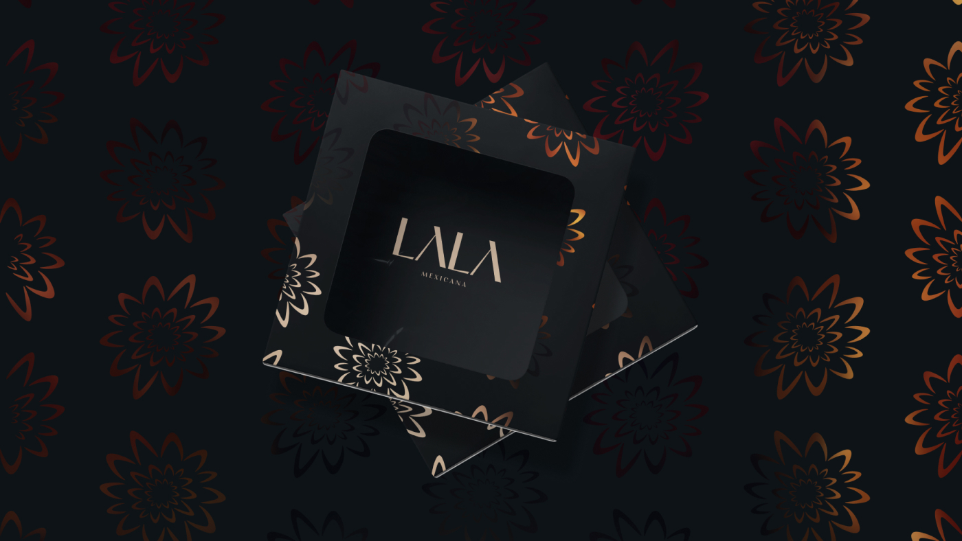 Elegant box packaging design for Lala Mexicana with a window display and floral pattern on a dark background.