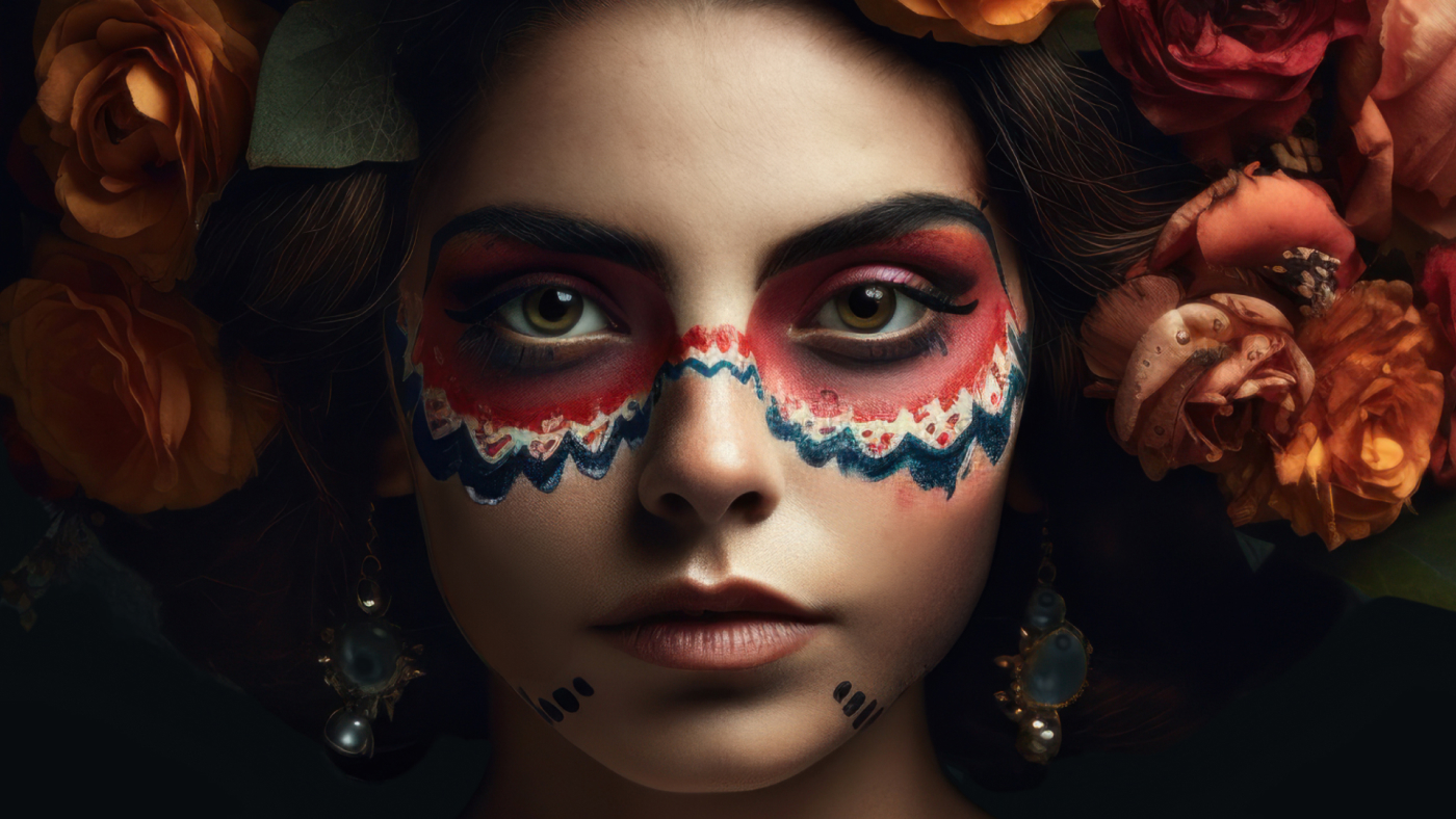 Close-up portrait of a woman with traditional Mexican face paint and flowers in her hair, showcasing intricate details and vibrant colors.