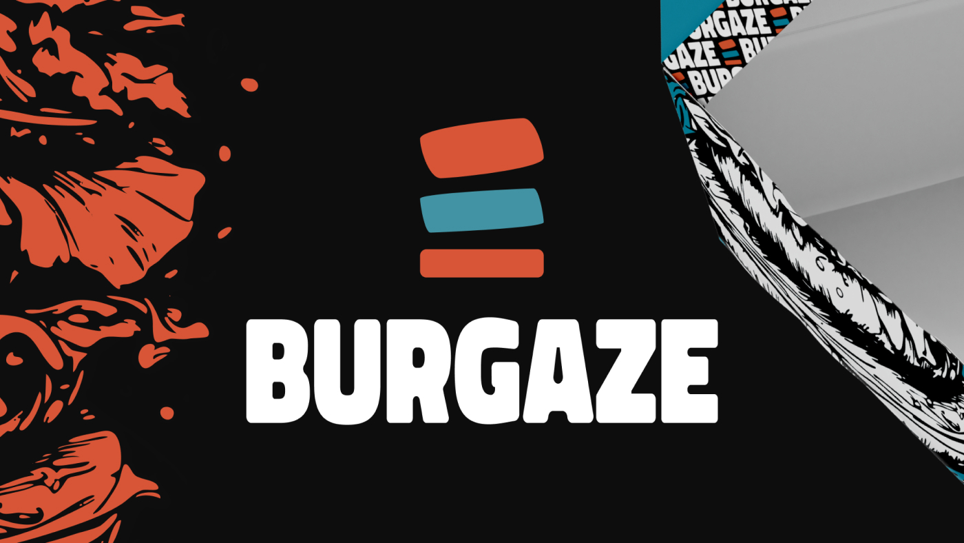 Burgaze logo on a black background with vibrant orange and teal stripes, accompanied by illustrations of burger ingredients.