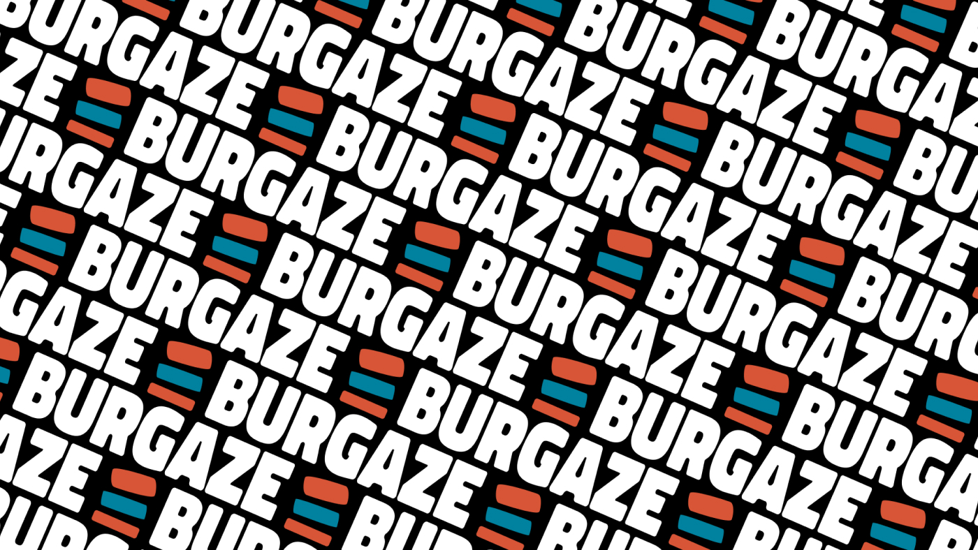 Patterned background with repetitive 'Burgaze' logo and brand colors, featuring orange and teal stripes.