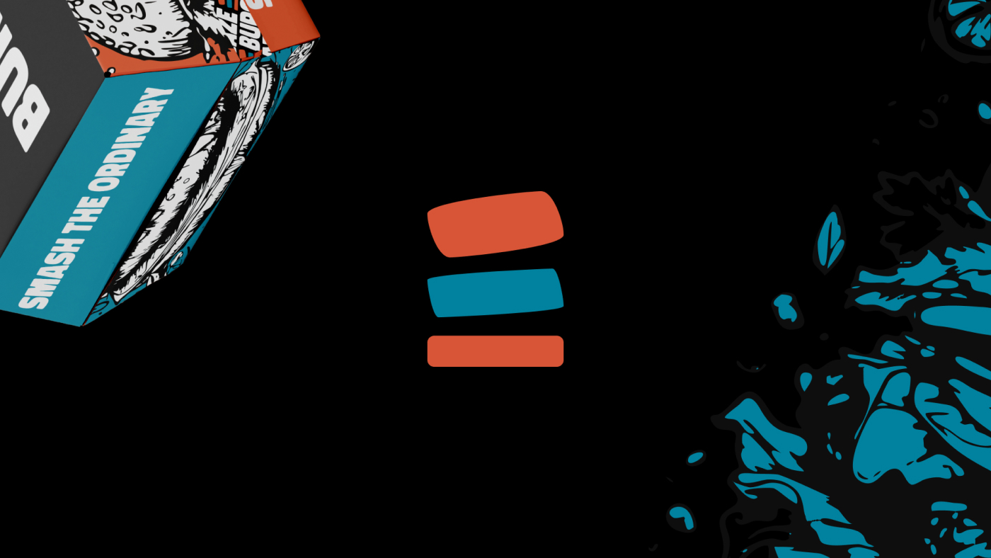 Burgaze brandmark showcasing vibrant orange and teal colors, with illustrations of burger ingredients in the background.