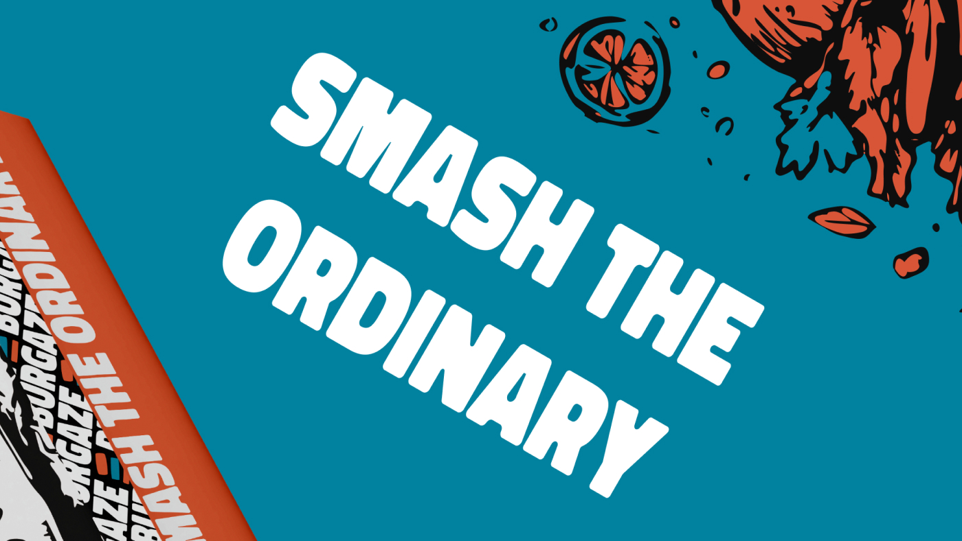 Close-up of Burgaze branding with 'Smash the Ordinary' text on a teal background, surrounded by illustrated burger ingredients.