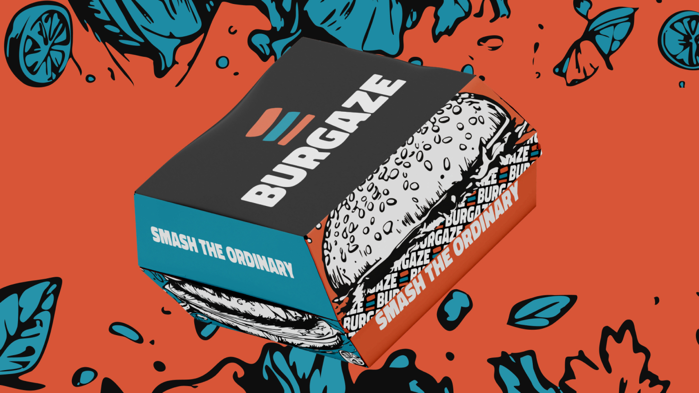 Burgaze burger packaging with 'Smash the Ordinary' slogan, featuring a colorful design with black, orange, and blue elements.