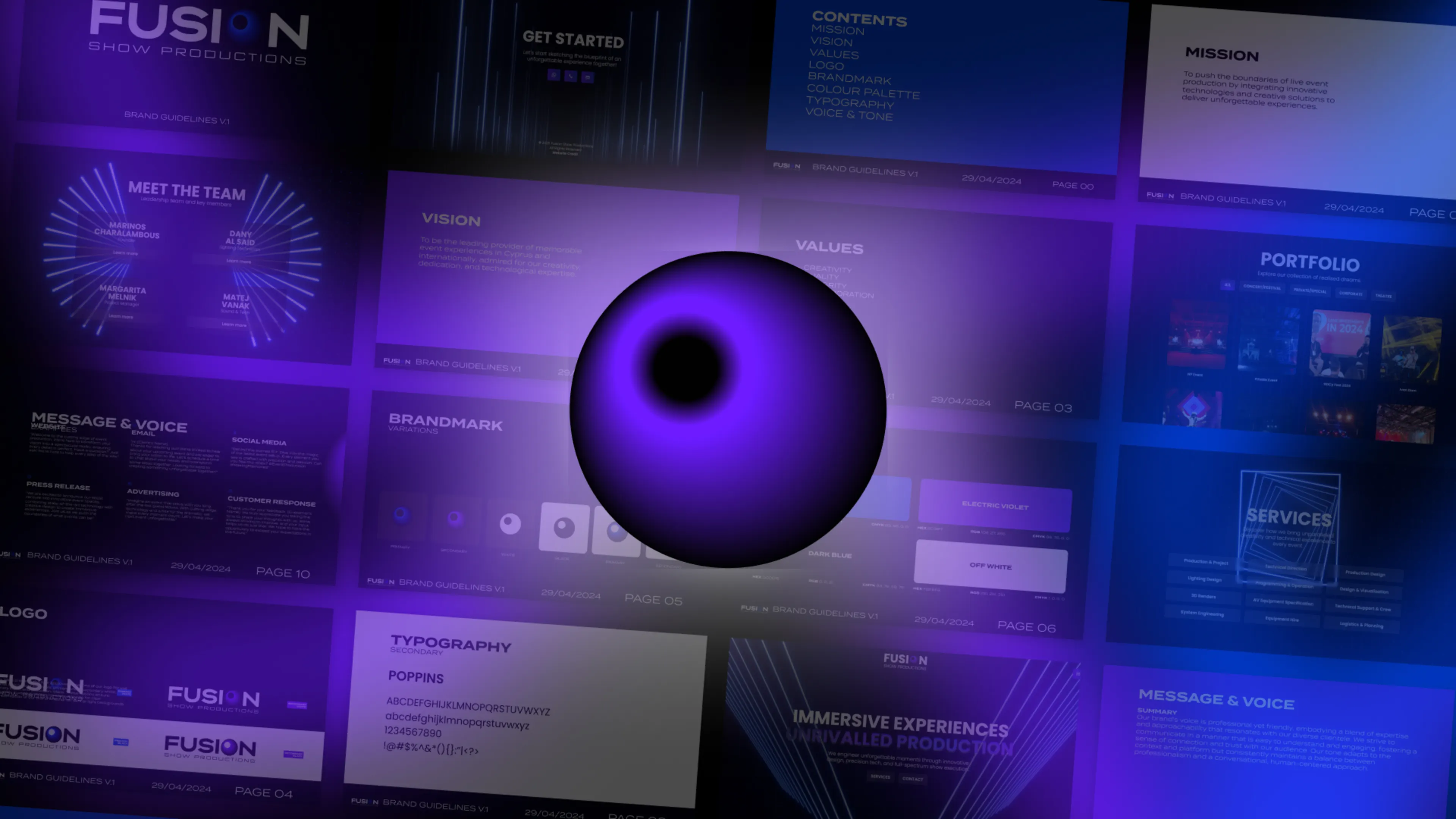 Fusion Show Productions brand guidelines layout featuring mission, vision, values, team, and visual identity elements in a vibrant electric violet theme.