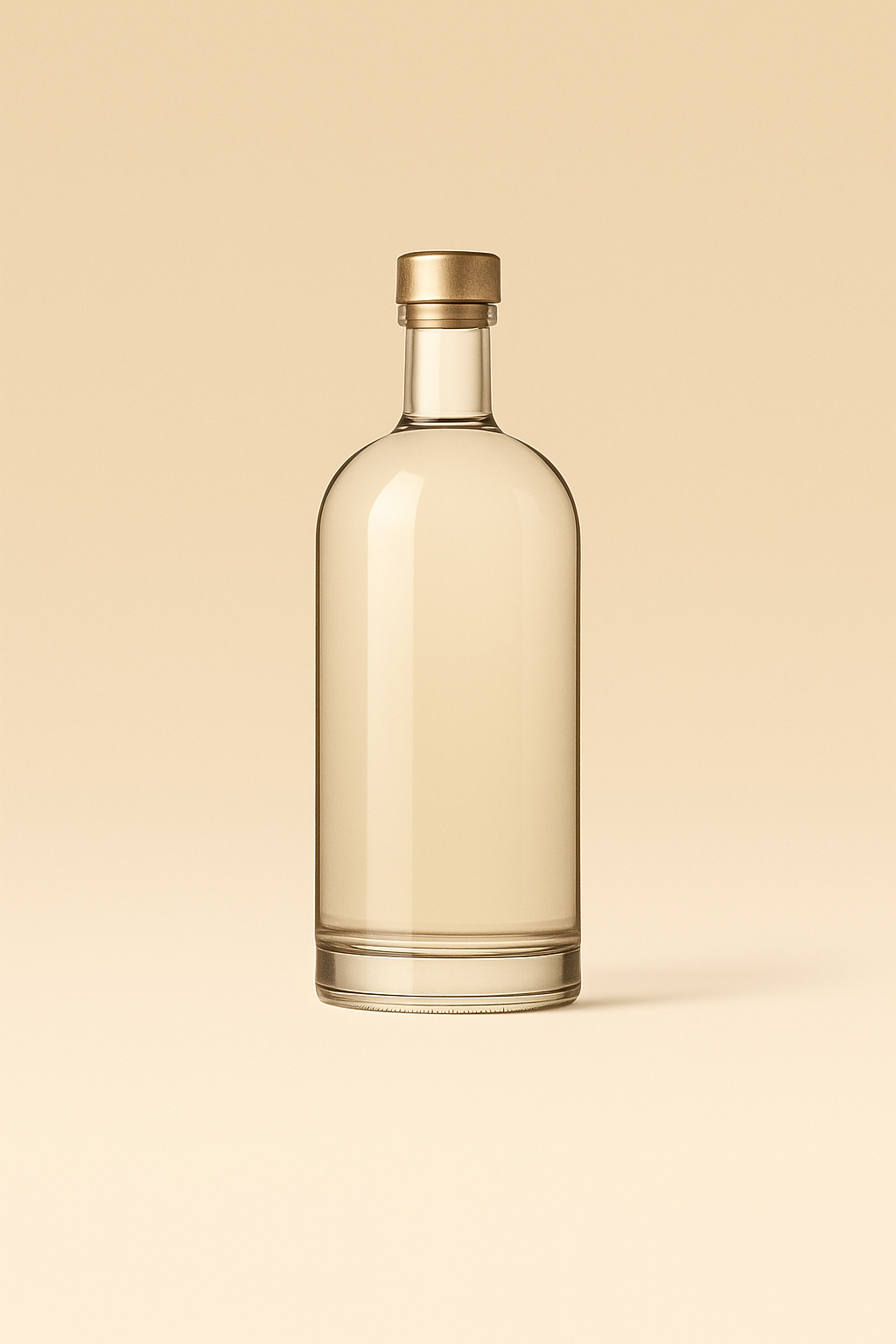Glass Vodka bottle on light beige backdrop.