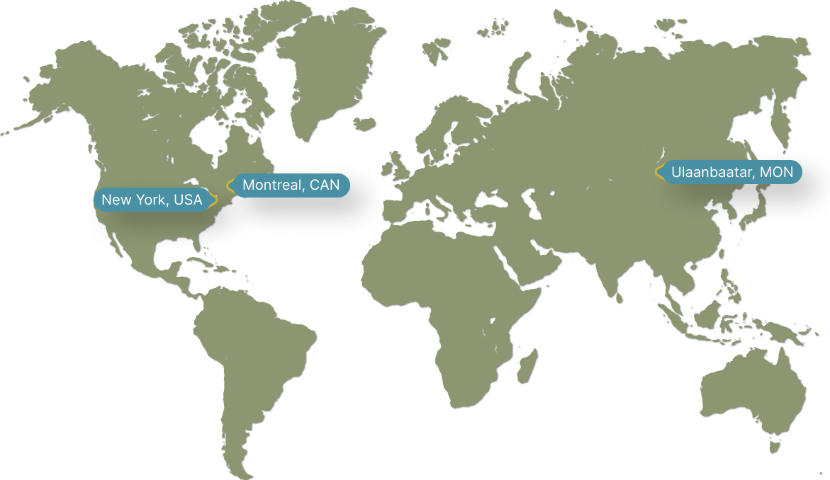 World map showing offices in Montreal (Canada), New York (USA) and Ulaanbaatar (Mongolia).