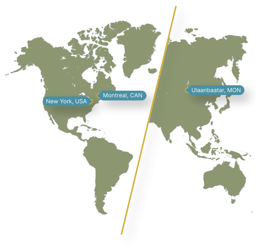 World map showing offices in Montreal (Canada), New York (USA) and Ulaanbaatar (Mongolia).
