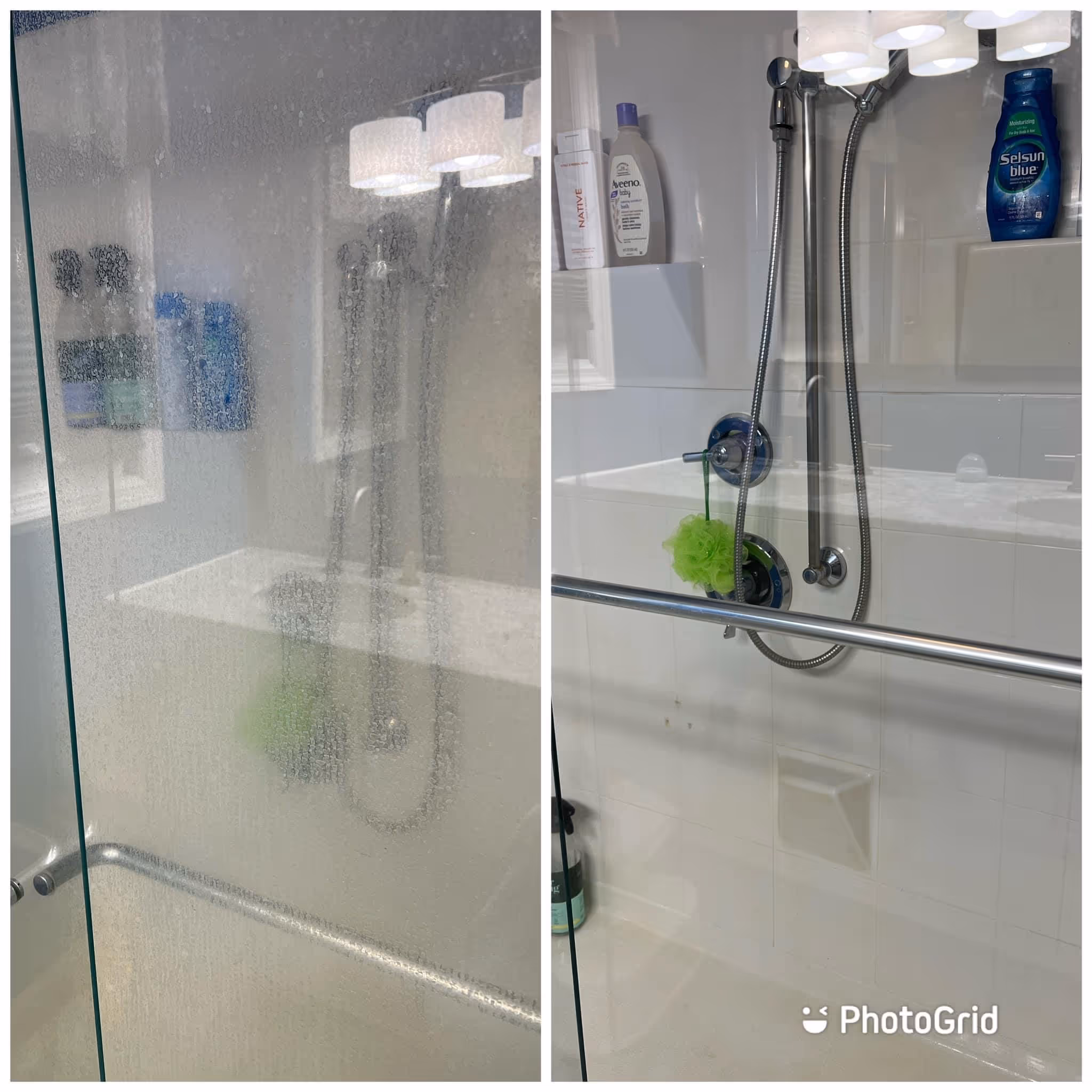 Before and after photo of a glass shower door cleaned to remove soap scum and water stains for a spotless shine.