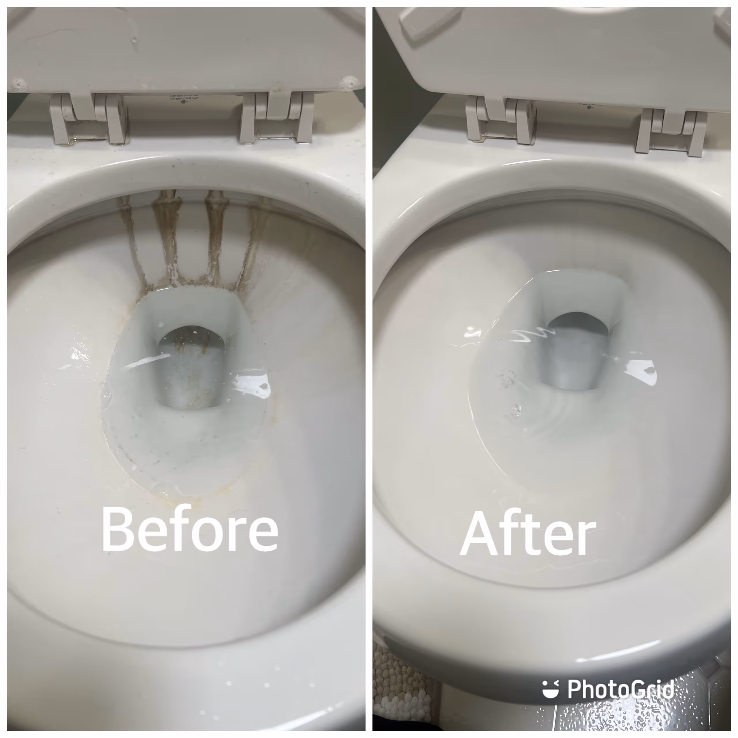Before and after image of a toilet bowl deep cleaned to remove buildup and restore a bright, sanitary surface.