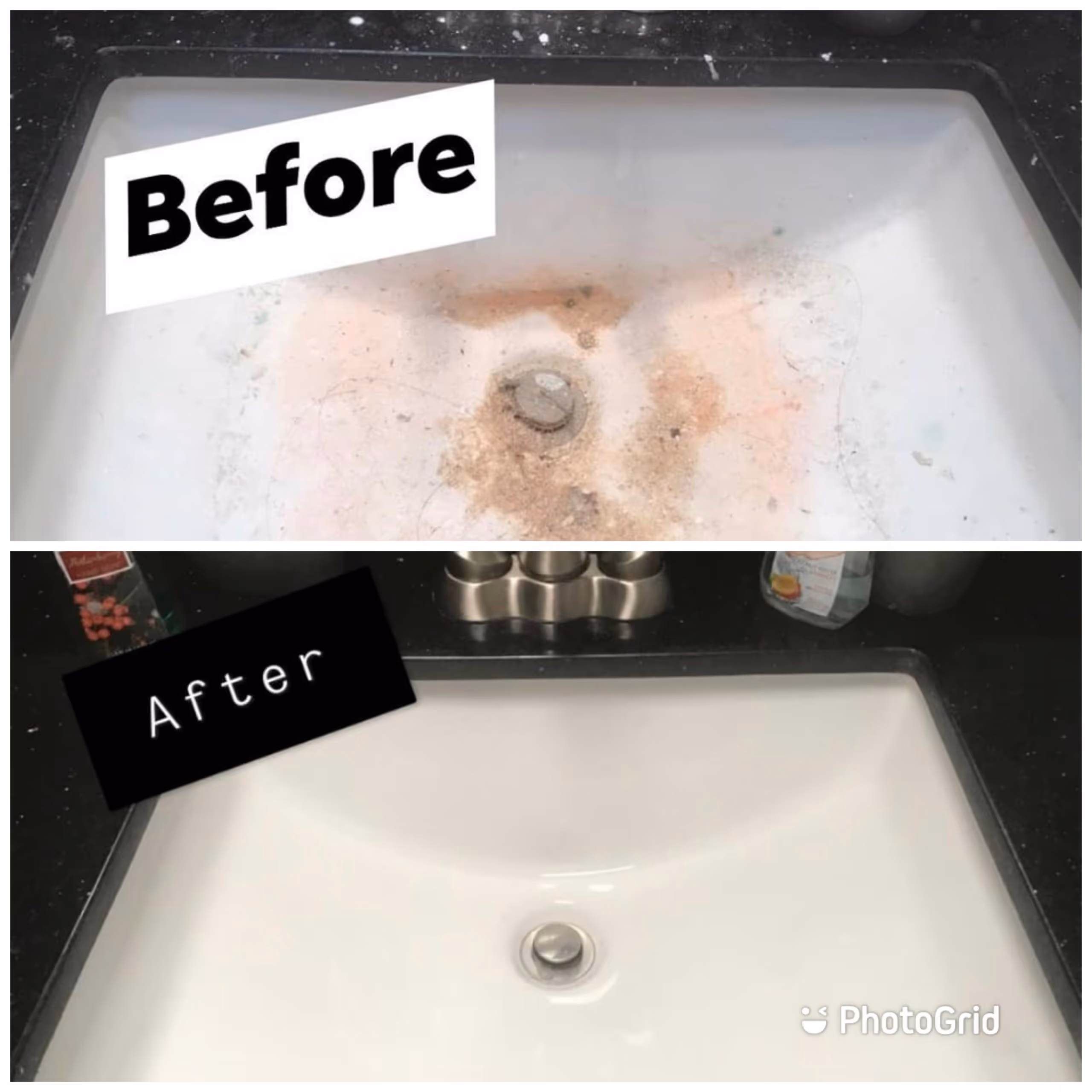 Before and after photo of a stained bathroom sink restored to a clean, white finish using eco-friendly cleaning products.