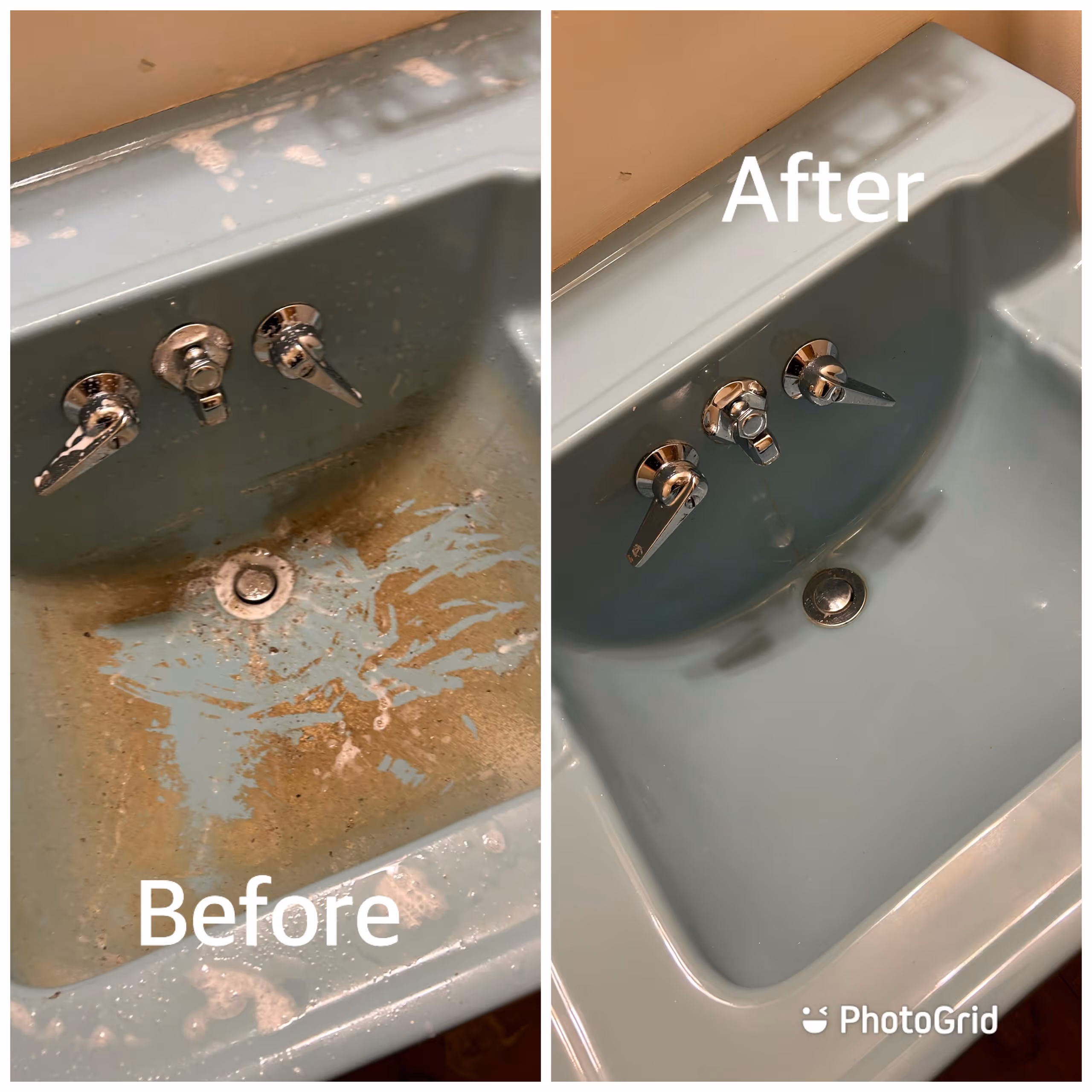 Before and after image showing a stained sink scrubbed clean and refreshed with non-toxic products.