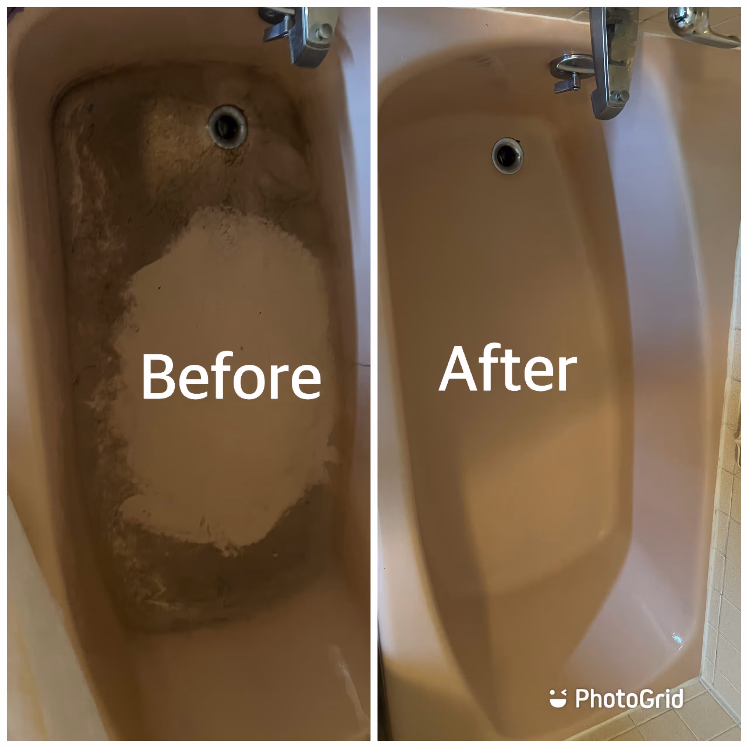 Before and after image showing a stained bathtub scrubbed clean and refreshed with non-toxic products.