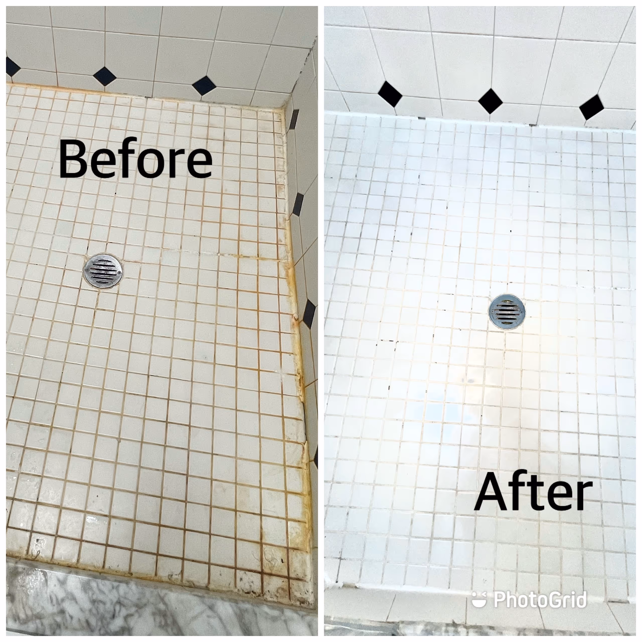 Before and after image of dirty shower tiles deep cleaned to remove grime and restore brightness.