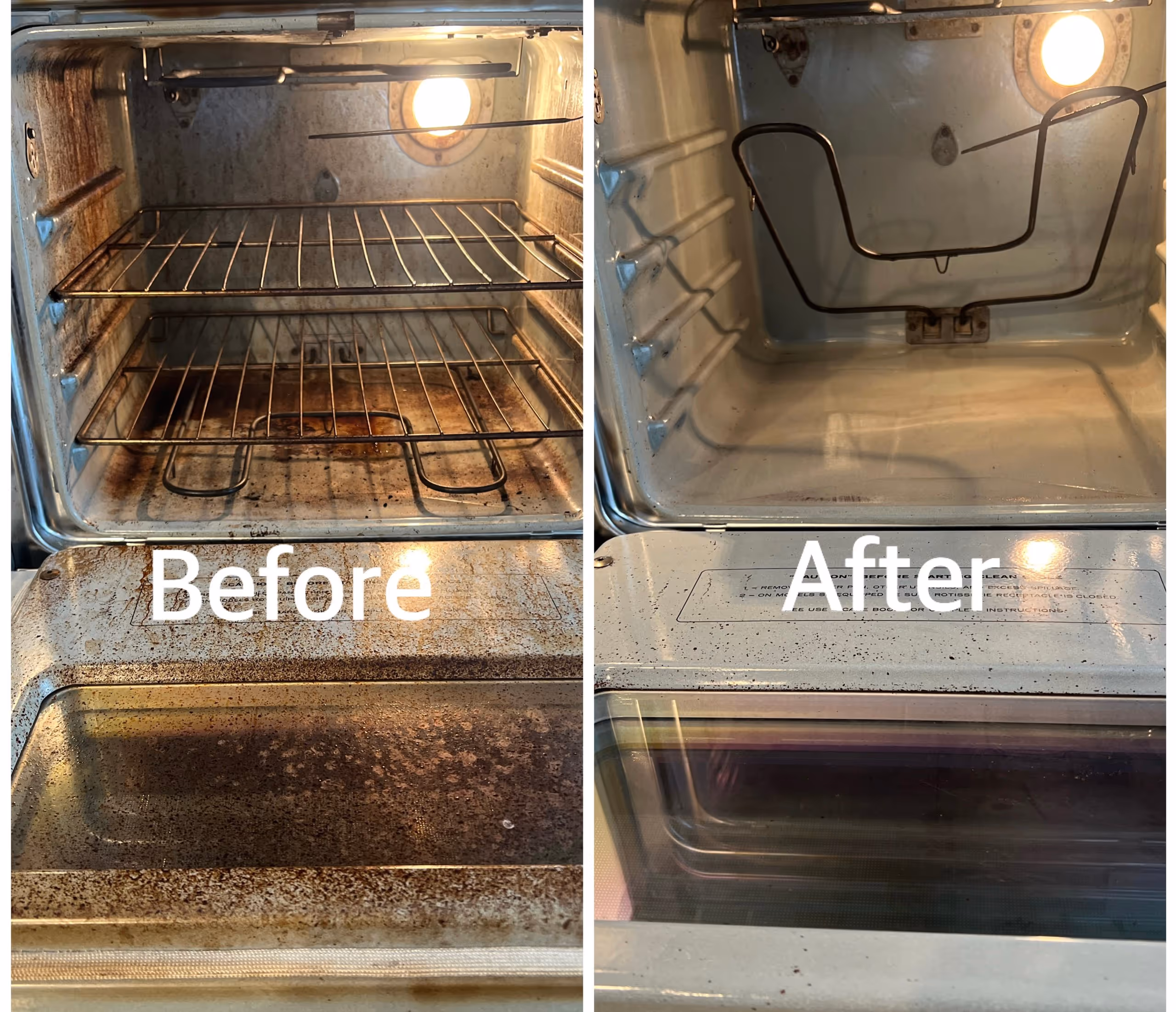 Before and after comparison of a greasy oven deep cleaned for a spotless, like-new appearance.