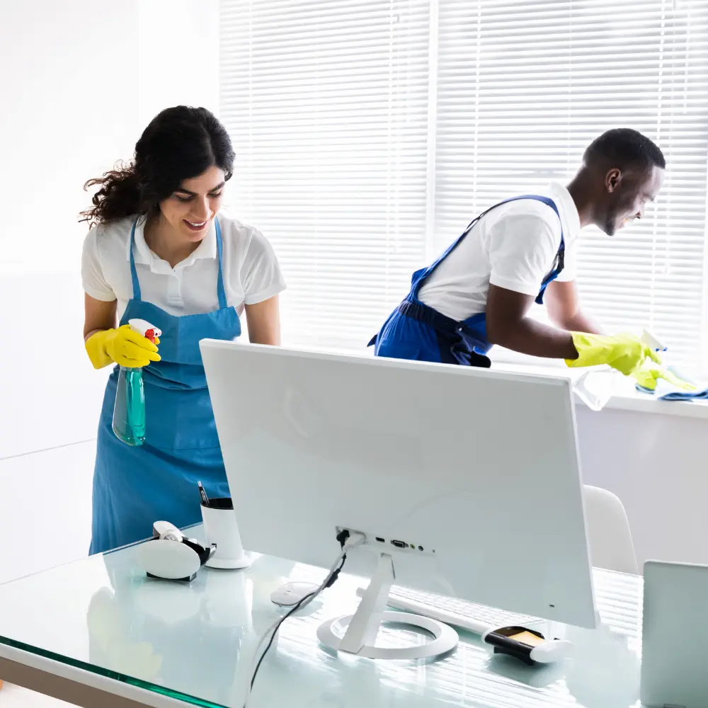 Two professional cleaners disinfecting office desks with non-toxic products, representing eco-friendly office cleaning services.
