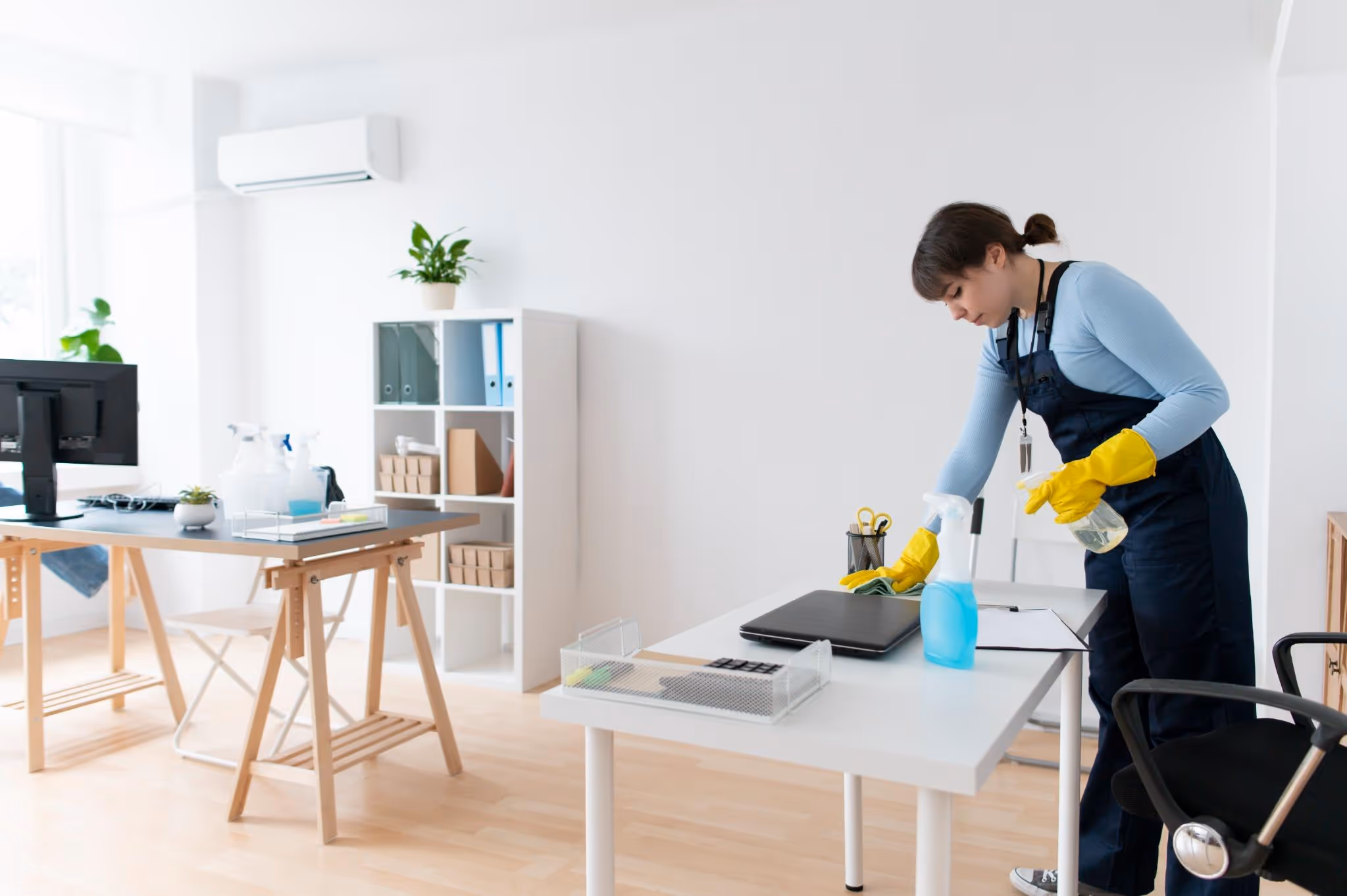 Professional cleaner wearing gloves and using eco-friendly products to clean an office desk, representing stress-free, consistent house cleaning services.