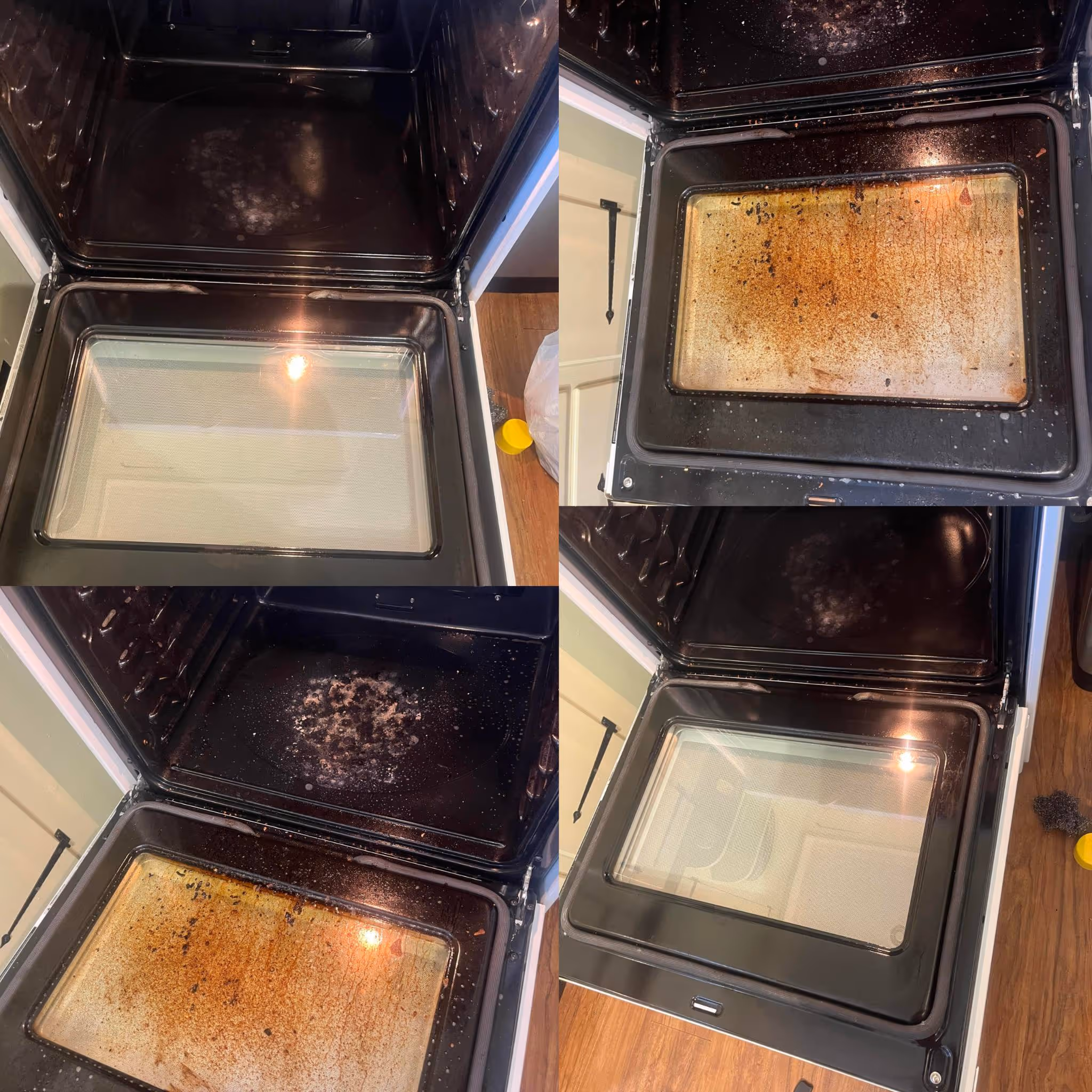 Before and after comparison of a greasy oven deep cleaned for a spotless, like-new appearance.