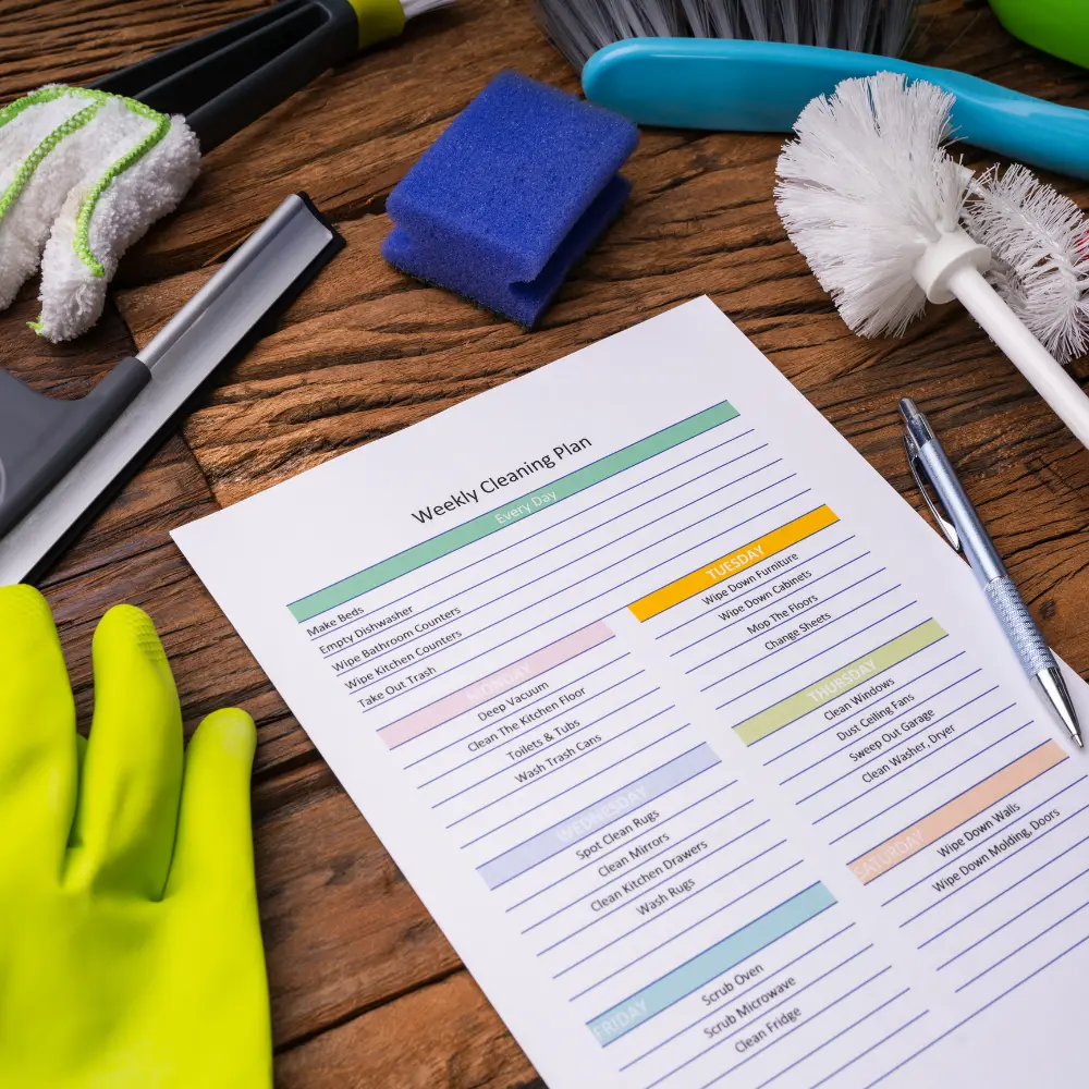Cleaning schedule and supplies on a wooden table, representing recurring house cleaning services offered weekly or monthly.